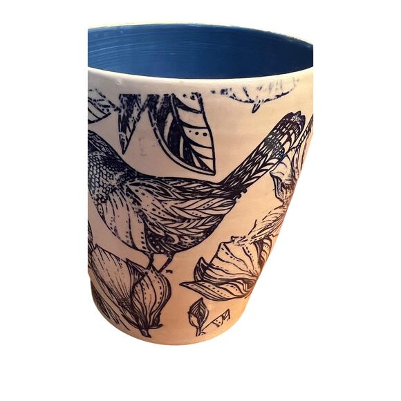 Blue & White Pottery Tumbler, Vase, Kitchen Utensil Holder/ Bird-PolkDot-Stripes - Picture 16 of 17